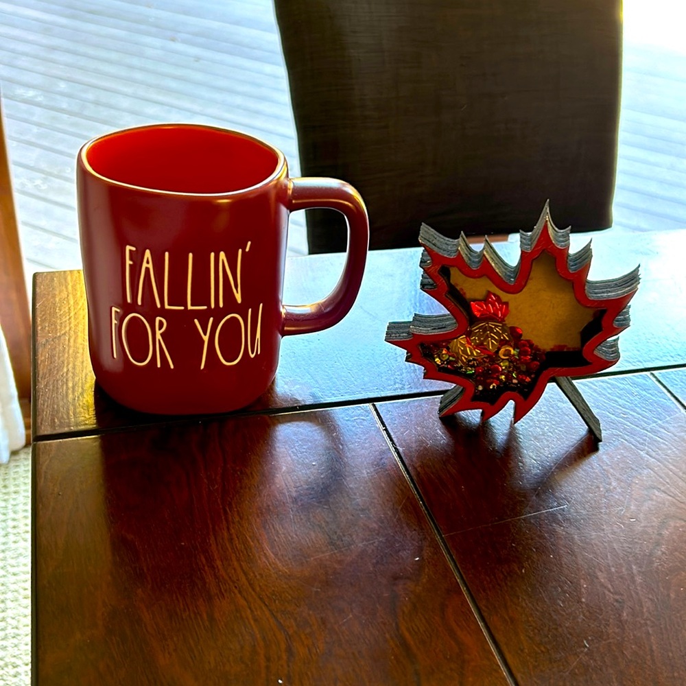 Rae Dunn Falling For You Coffee Mug & Autumn Leaf Shaker in Burgundy/Maroon/Plum